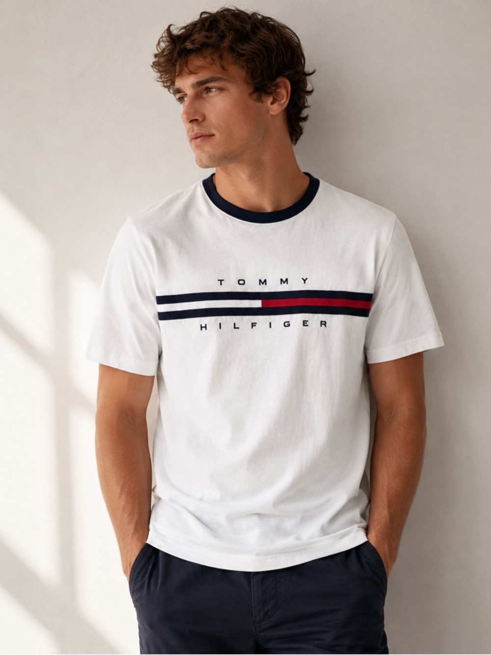 Tommy Hilfiger White Logo Stripe T-Shirt | Men’s Large
